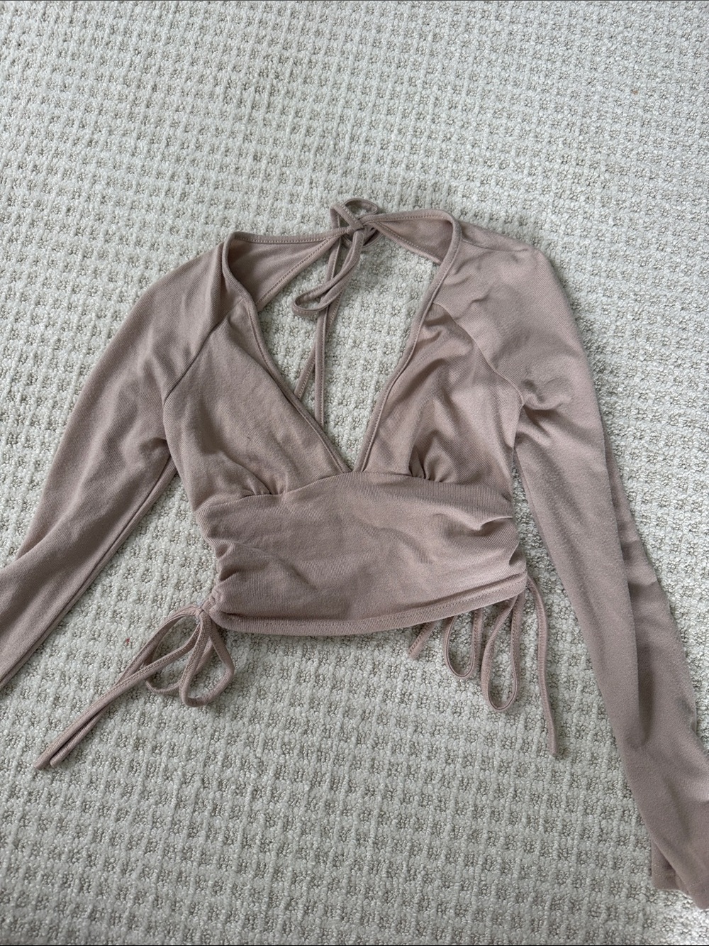 Long-Sleeve Wrap Halter Crop Top in Mauve Taupe